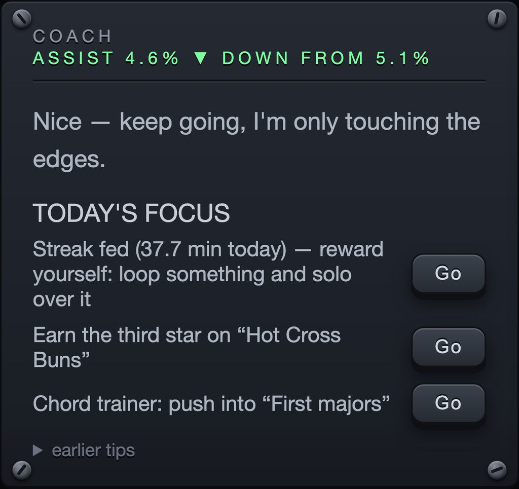 The coach panel showing how much correction was needed and how it steps back as accuracy improves