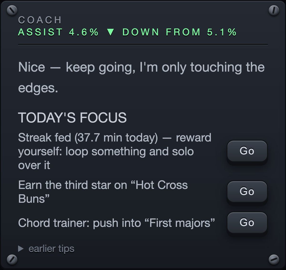 The coach panel showing how much correction was needed and how it steps back as accuracy improves