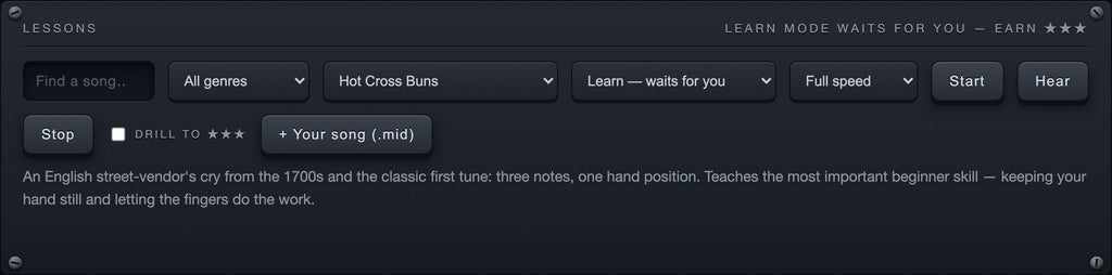 The lesson browser: 83 lessons across 12 genres