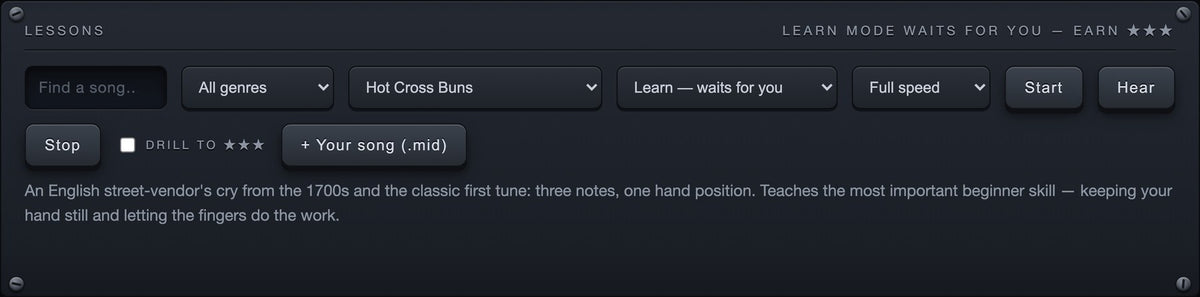 The lesson browser: 83 lessons across 12 genres