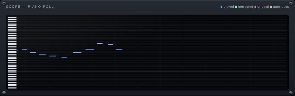 The piano roll showing played notes in blue, a corrected note in red and what was heard in green
