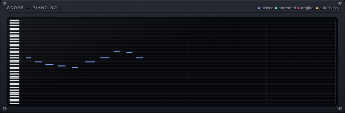 The piano roll showing played notes in blue, a corrected note in red and what was heard in green