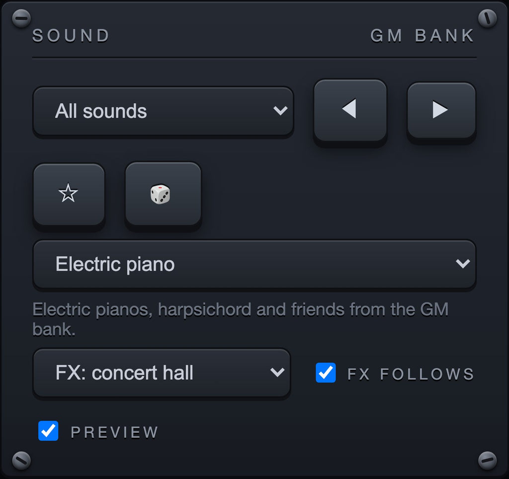 The sound browser: 135 instruments, searchable, with favourites