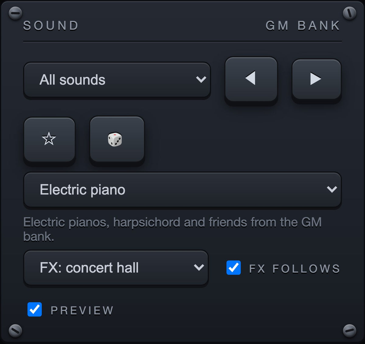 The sound browser: 135 instruments, searchable, with favourites