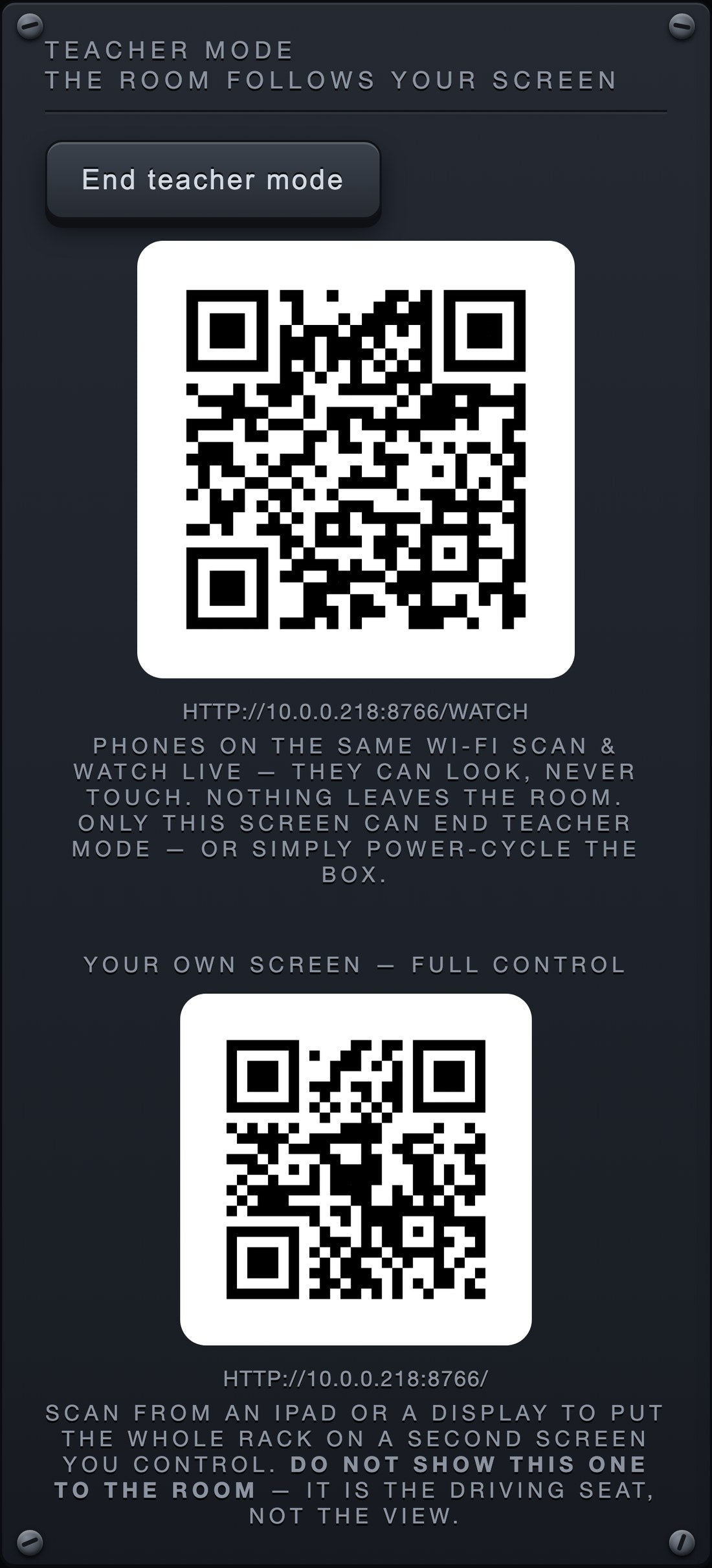Teacher mode: one QR the room scans to follow along view-only, and a second for the teacher's own iPad
