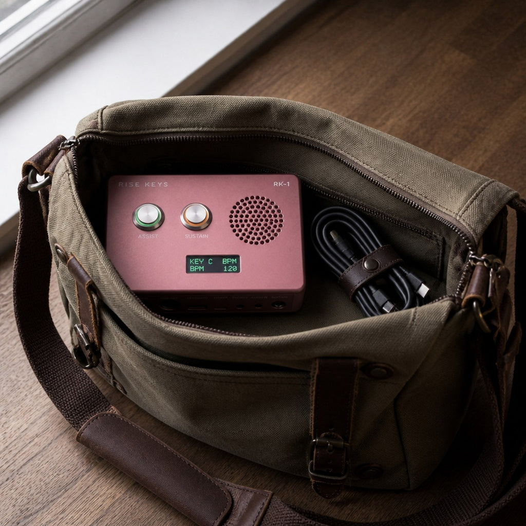 The RK-1 in Rose packed in a canvas messenger bag with a coiled USB cable