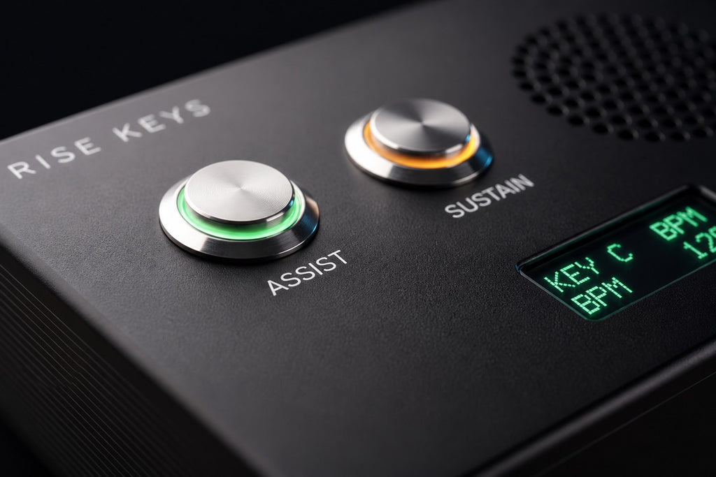 Close-up of the two illuminated controls, ASSIST ringed in green and SUSTAIN in amber