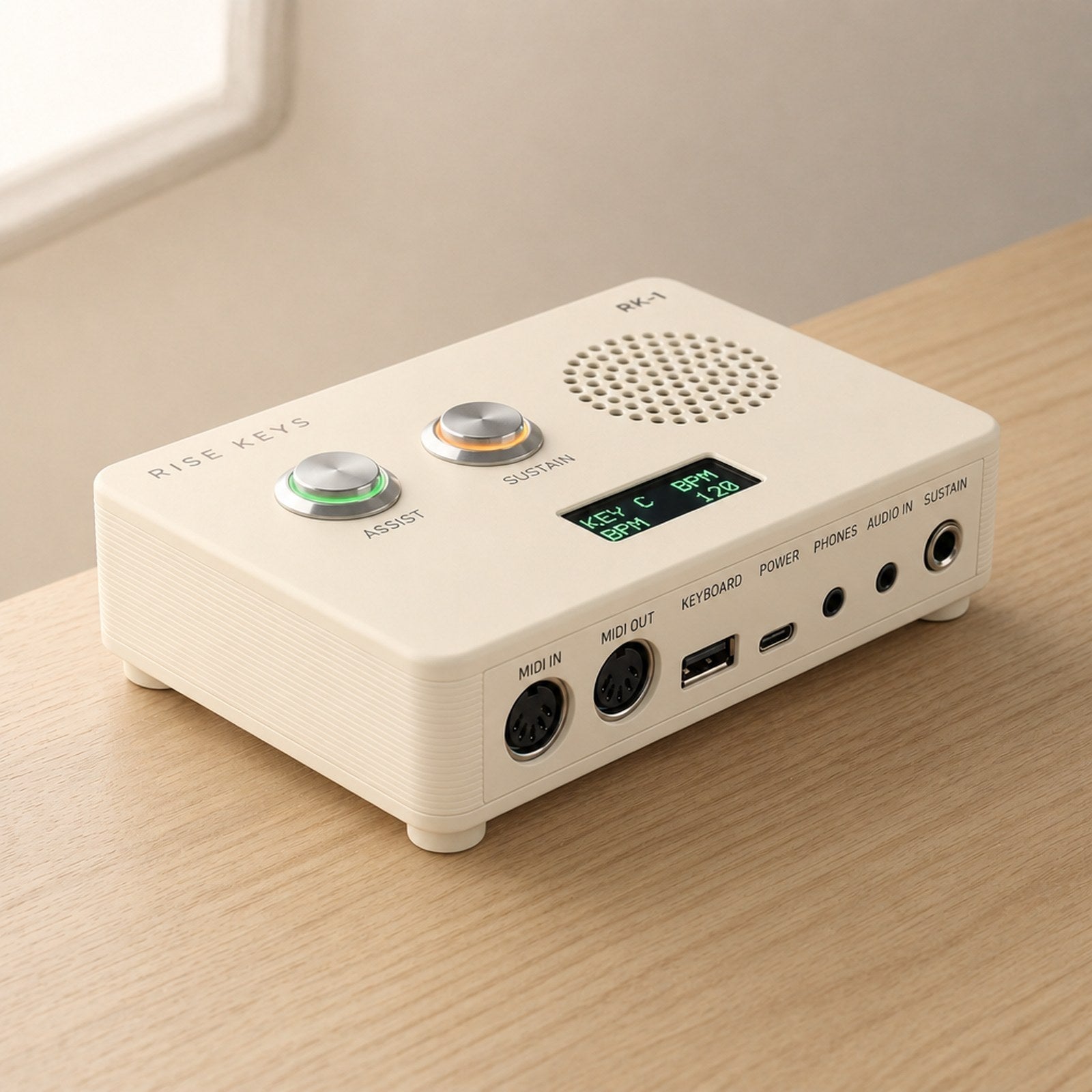 The RK-1 in Cream on a pale oak desk
