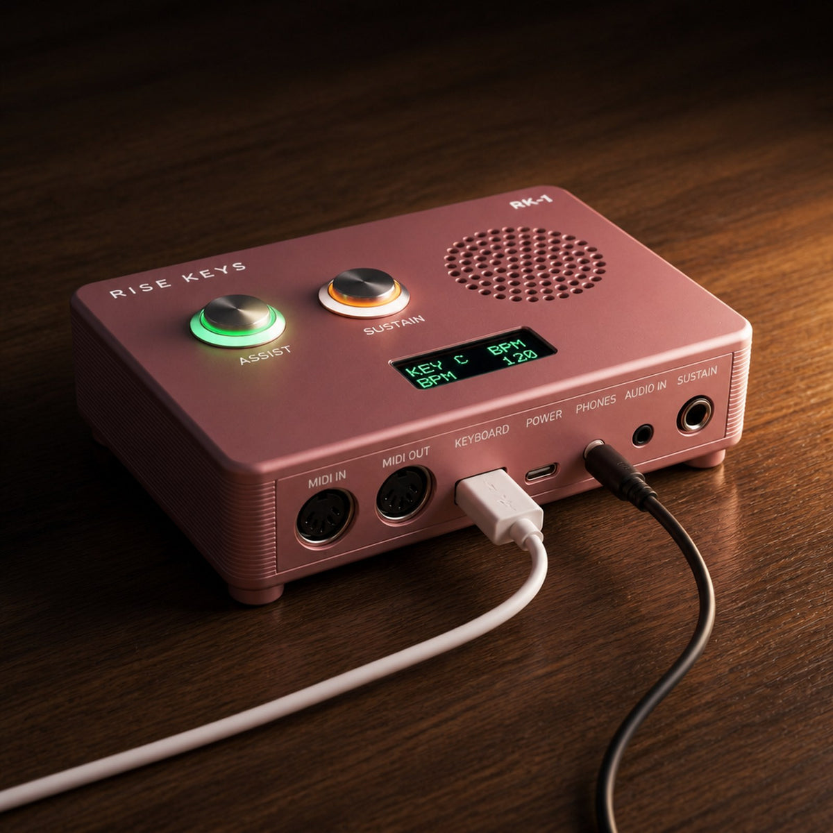 The RK-1 in Rose with a USB keyboard cable and headphones plugged in, ASSIST lit green