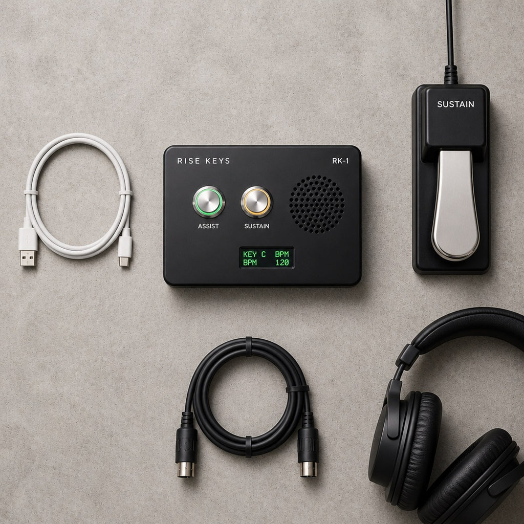 Overhead view of the RK-1 with cables, a sustain pedal and headphones - accessories not included