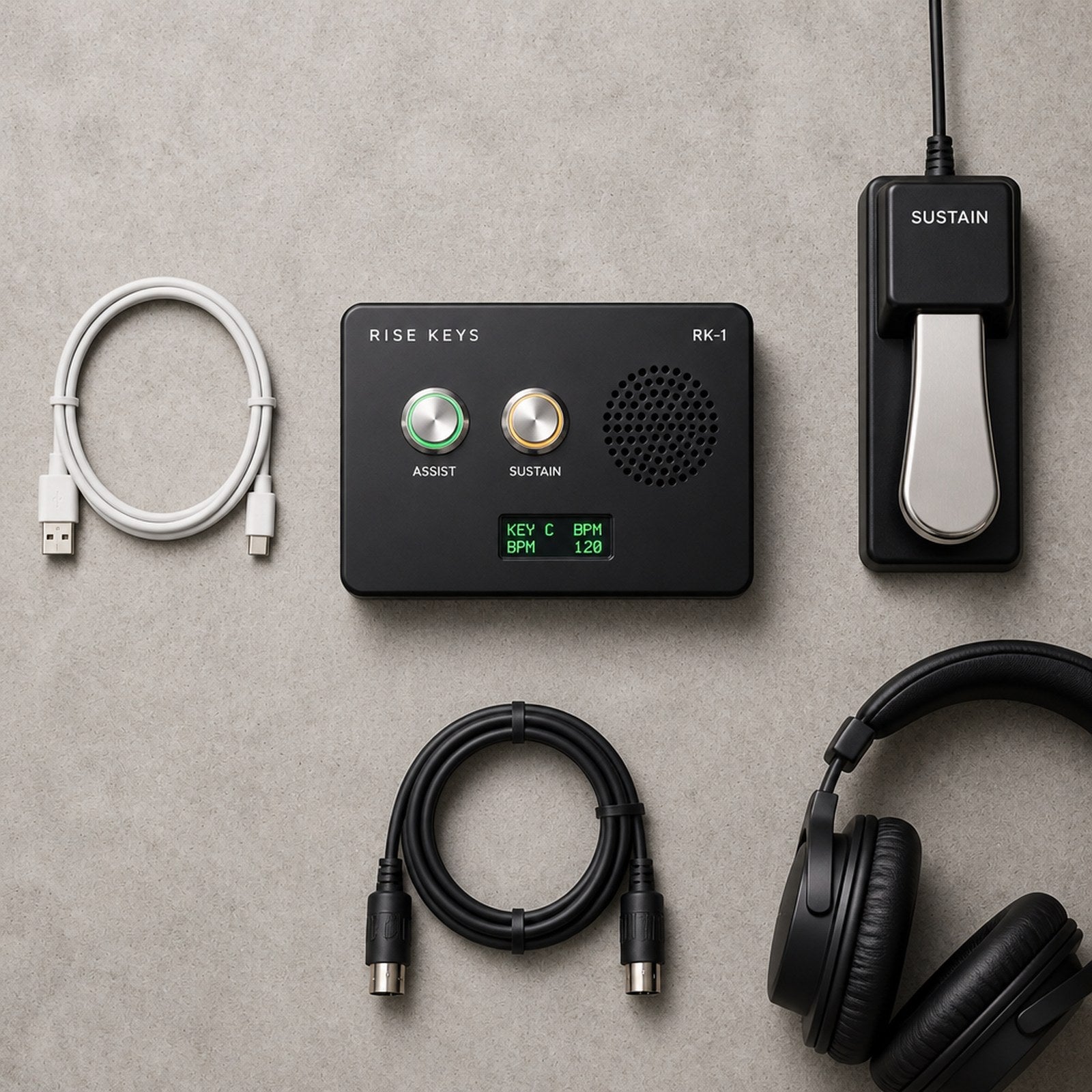 Overhead view of the RK-1 with cables, a sustain pedal and headphones - accessories not included